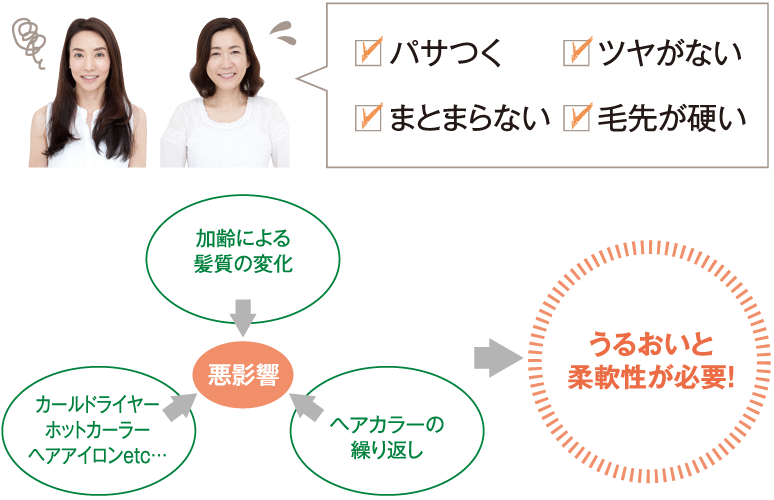 パサつく・ツヤがない・まとまらない・毛先が硬い 加齢キューティクル・グレイカラーの繰り返し・カールドライヤー・ホットカーラー・ヘアアイロンなどの悪影響により、うるおいと柔軟性が必要!