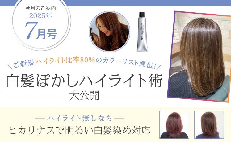 【今月のご案内7月号】白髪ぼかしハイライト術大公開＆ヒカリナスで明るい白髪染め対応