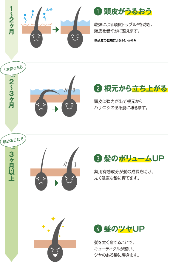 1.頭皮がうるおう 2.根元から立ち上がる 3.髪のボリュームUP 4.髪のツヤUP